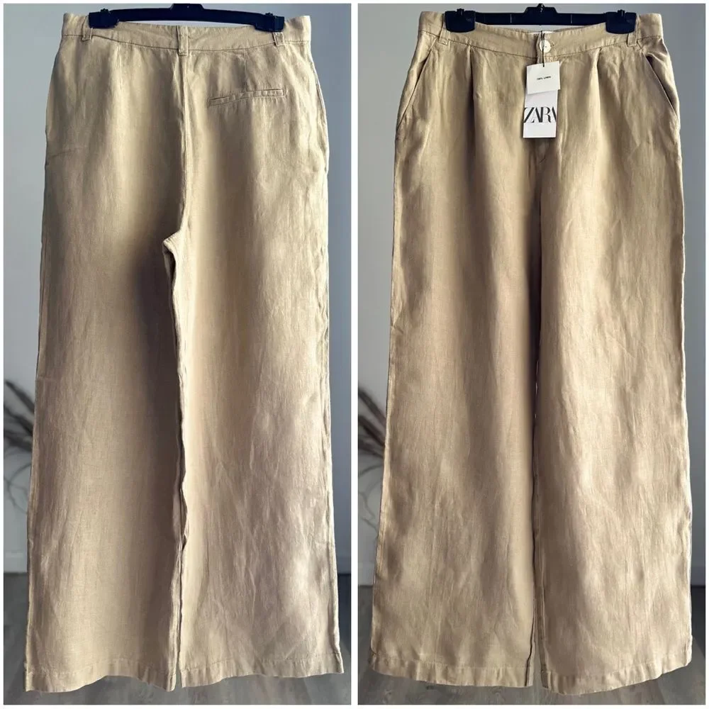 ZARA WIDE LEG LINEN PANTS LIGHT KHAKI